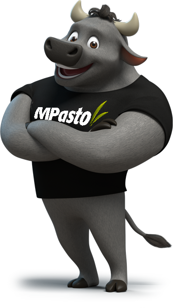 Mascote Beefão de braços cruzados com camisa preta escrita MPasto.