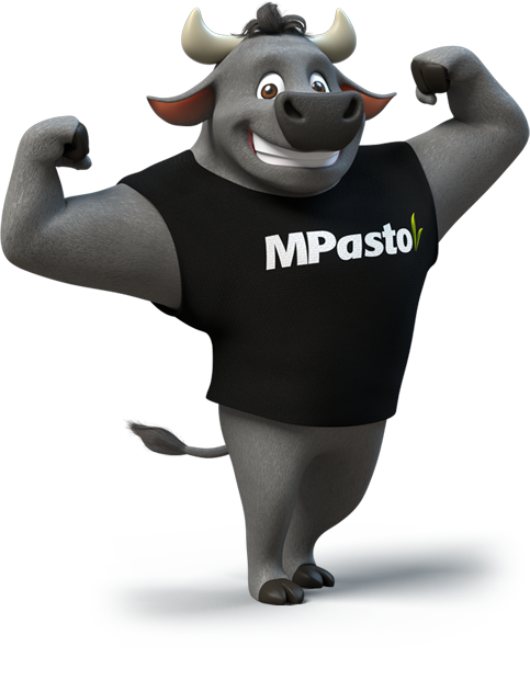 Mascote do NutriMosaic - touro animado com uma camiseta preta com a escrita MPasto.