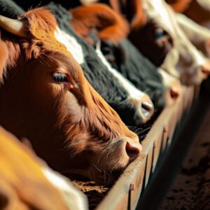 Nutrição e imunidade de bovinos: animais comendo no cocho.